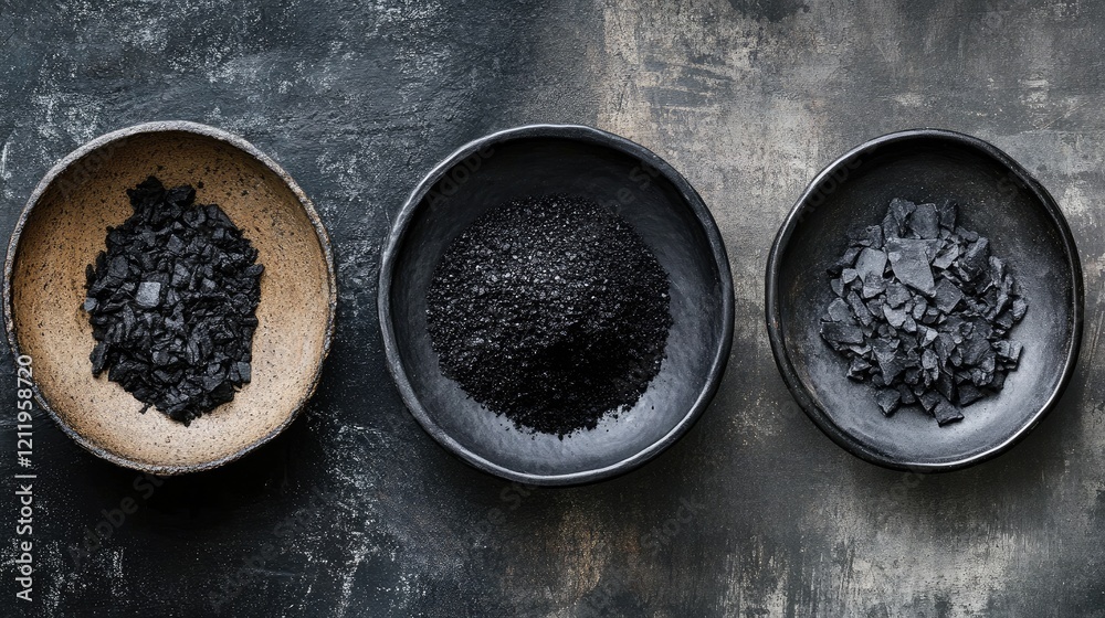 Poster textures of charcoal variants in elegant bowls on dark surface showcasing natural visual contrast an