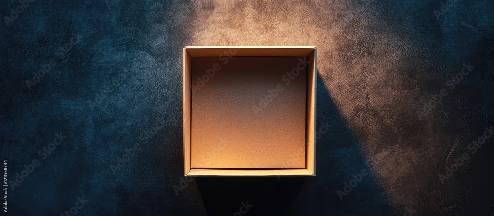 Aufkleber Top view of a simple brown surprise box on a dark textured surface with soft golden light casting shadows and space for creative text inclusion