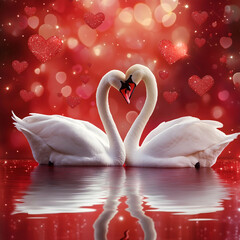Fototapeta premium Romantic swans forming a heart with red glowing hearts background