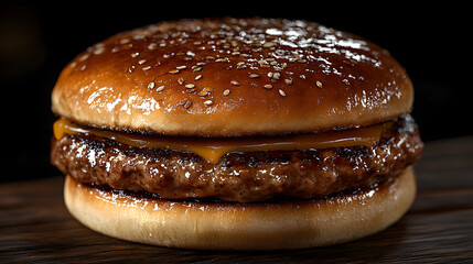 Juicy Cheeseburger on Wood: A mouthwatering close-up of a classic cheeseburger, featuring a perfectly seared beef patty melting cheddar cheese, and a sesame seed bun.