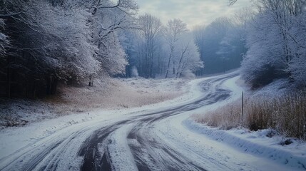 Fototapeta premium Serene winter landscape with winding road surrounded by snow-covered trees and a tranquil atmosphere in early morning light