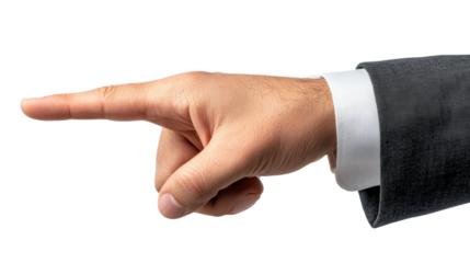 Hand pointing decisively while dressed in a suit, conveying authority and direction isolated on transparent background