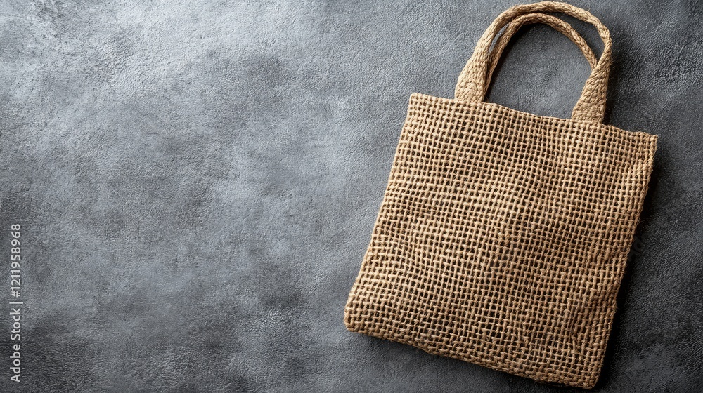 Aufkleber flat lay composition of a vintage brown jute tote bag with waffle texture on a grey textured surface