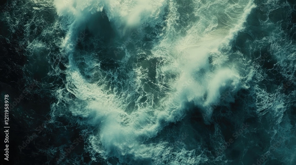 Poster dramatic ocean waves in misty atmosphere with turbulent currents creating a mysterious and captivati