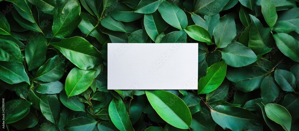 Poster White notepad on green leaves background flat lay with empty space for text creativity and branding ideas in natural setting