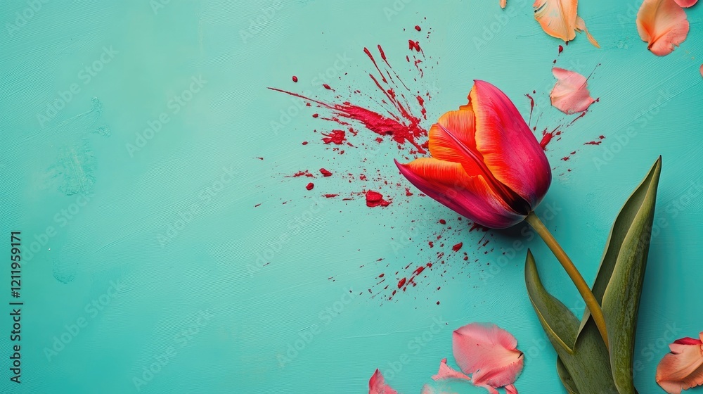 Poster vivid tulip with splashes of red paint surrounded by colorful petals on a bright teal background for
