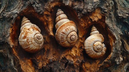 Shells nestled in natural tree crevices showcasing intricate patterns and textures in a unique and captivating woodland setting