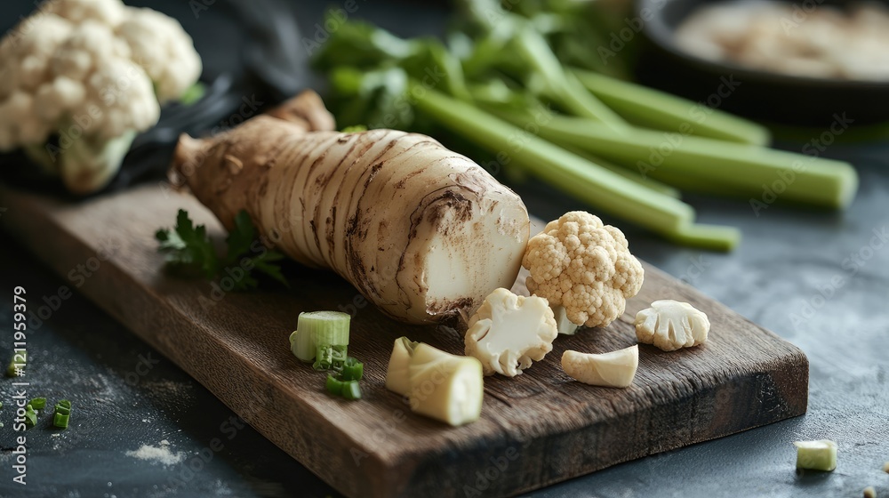 Poster tuber celery and cauliflower display on a rustic wooden board with fresh green herbs and vegetables 