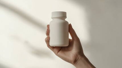 Minimalistic Hand Holding White Bottle Against Soft Light Background Representing Health, Wellness, or Supplement Industry for Branding and Marketing Purposes