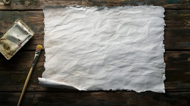 Textured blank sheet of white paper with brush and paint palette on rustic wooden background creating a creative workspace atmosphere