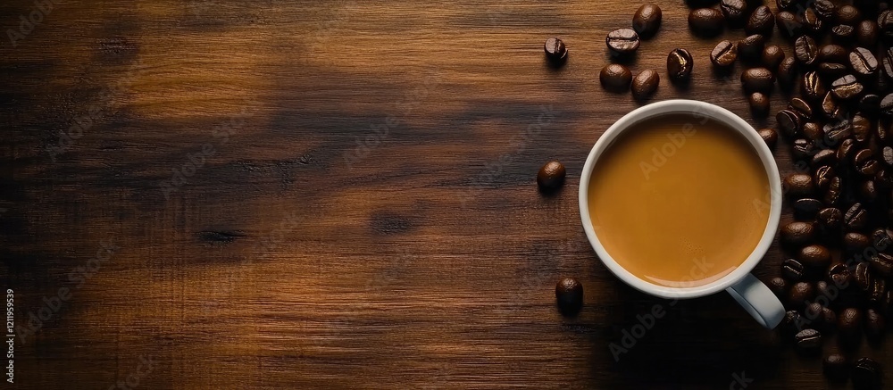 Poster top view of a warm brown coffee cup on a rustic wooden table surrounded by dark roasted coffee beans