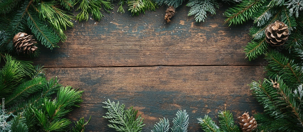 Poster Assorted evergreen winter greens and pine cones on a rustic wooden table with ample empty space for seasonal text or design elements