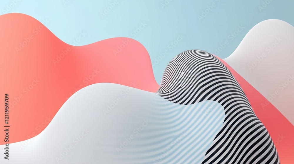 Poster dynamic and vibrant three-dimensional abstract art with waves and patterns in soft pastel colors