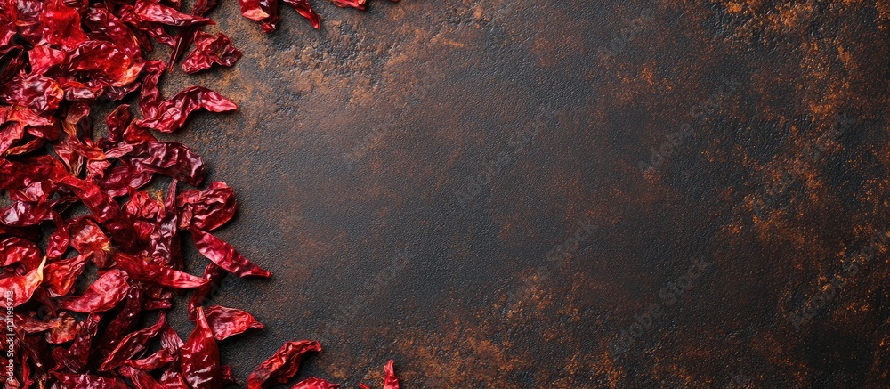 Poster top view arrangement of dried vibrant red chili peppers on dark textured surface with ample blank sp