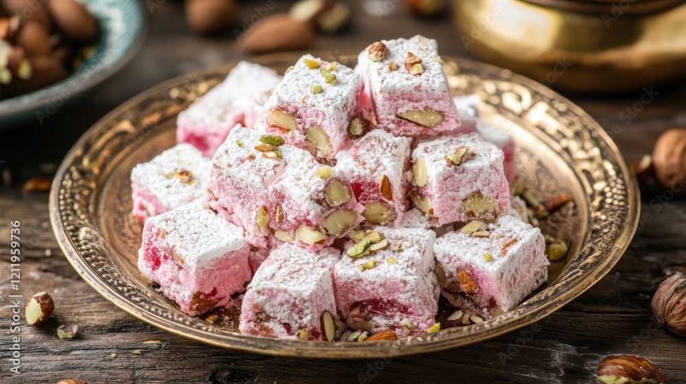 Poster turkish delight with nuts served on ornate plate close up with almonds and pistachios on a rustic wo