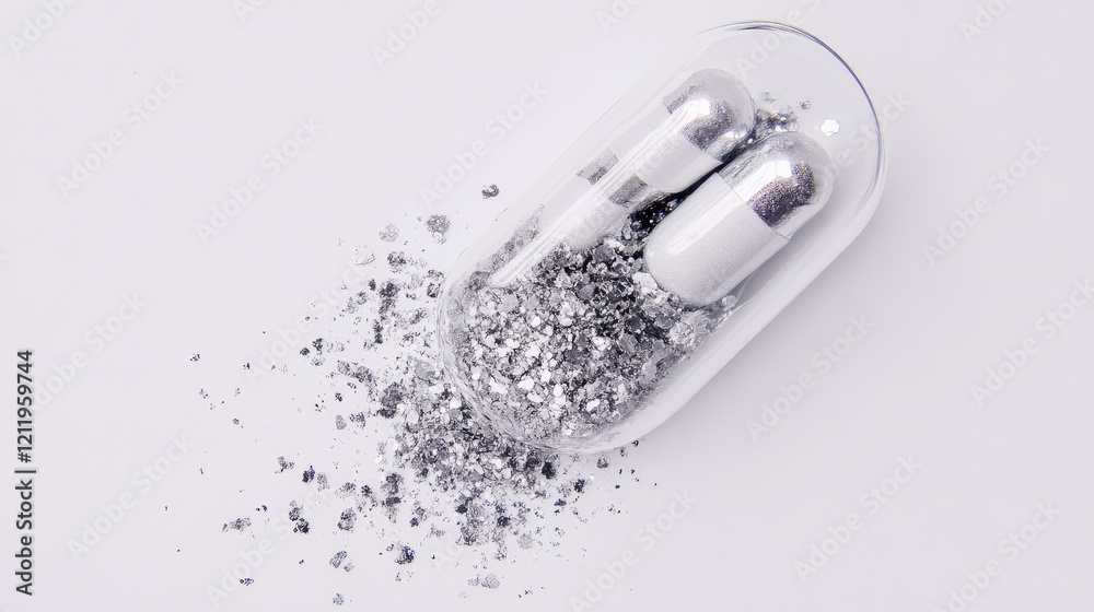 Poster Clear capsule spilling shimmering silver powder on a bright white background emphasizing the contrast of metallic textures and transparency.