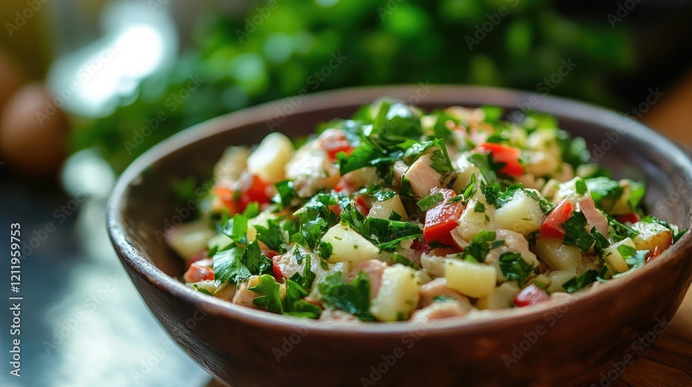 Poster tuna and egg vegetable salad with potatoes garnished with fresh herbs served in a rustic wooden bowl