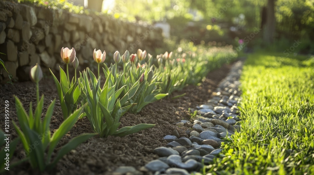 Poster tulips blooming in a sunlit garden with vibrant green grass and a stone pathway creating a serene ou