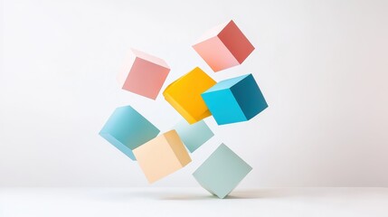 Playful and Vibrant Three-Dimensional Colorful Cubes in Dynamic Arrangement on a Light Background