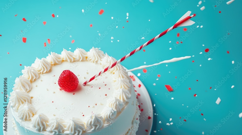 Poster White birthday cake topped with raspberry and foam core arrow on turquoise background surrounded by confetti and cake splatter.
