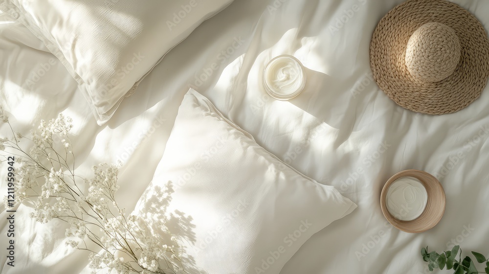 Aufkleber elegant top view of a serene white bed featuring soft bedding and plush pillows, accompanied by hand