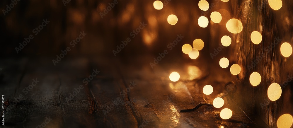 Poster warm golden bokeh lights softly glowing in a rustic wooden setting, creating a cozy ambiance with bl