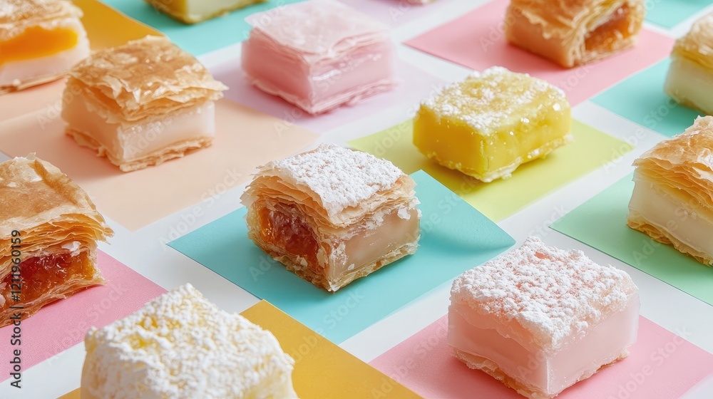 Aufkleber Turkish delight and baklava arranged on vibrant colored paper creating a visually appealing dessert display on a white background