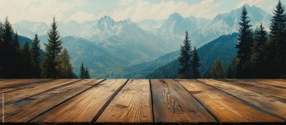 Aufkleber Scenic mountains and lush green forest backdrop with rustic wooden tabletop in foreground offering blank space for text and creative design elements