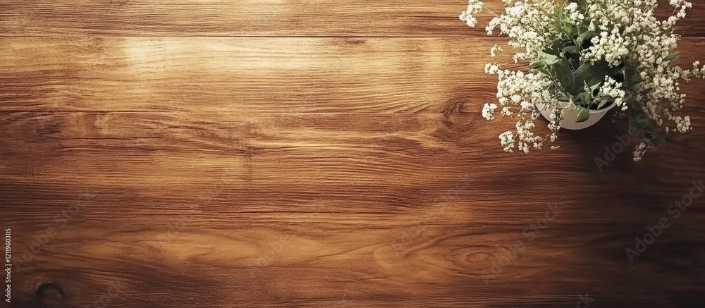 Leinwandbilder Wooden table surface with textured grain and empty space for text design featuring a small vase of flowers for a natural aesthetic