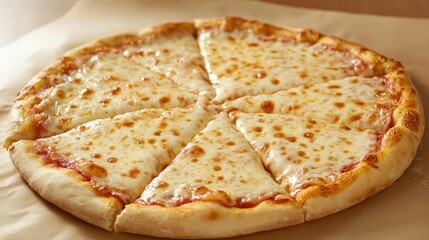 Delicious four cheese pizza served sliced on a rustic wooden background for a mouthwatering culinary experience