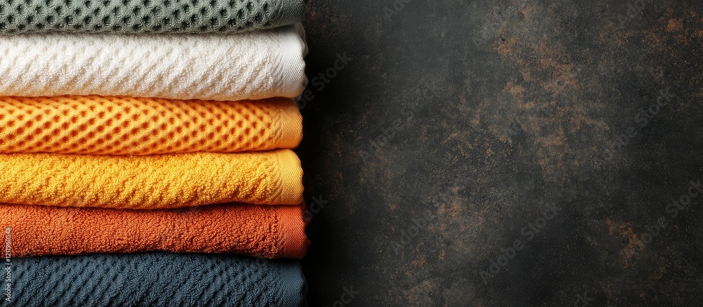 Fototapete top view of colorful waffle towels in shades of gray, white, orange, and green stacked neatly on a r