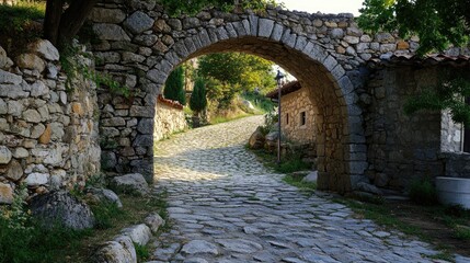 Obraz premium Stone archway entrance to a charming rural hamlet with cobblestone road surrounded by greenery and rustic stone walls