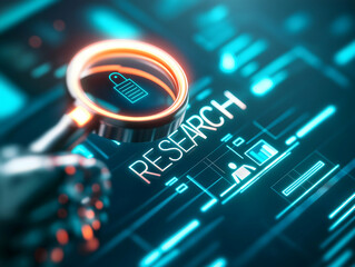 A digital interface highlighting "RESEARCH" with a magnifying glass over a padlock symbol, symbolizing data security and online investigation.