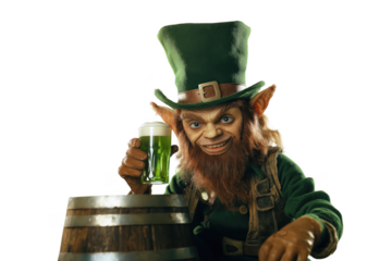 Jolly leprechaun holding a pint of green beer next to a wooden barrel.Mythical creature holding a beer.Funny leprechaun. St. Patrick's Day character.