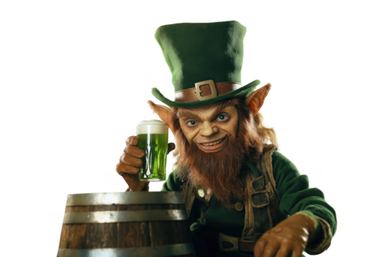 Jolly leprechaun holding a pint of green beer next to a wooden barrel.Mythical creature holding a beer.Funny leprechaun. St. Patrick's Day character.