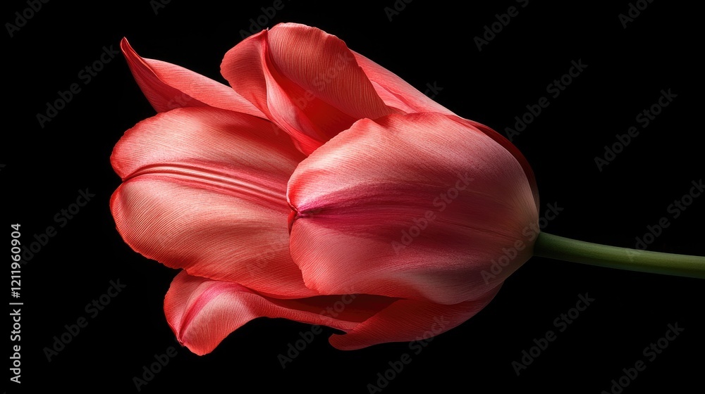 Poster elegant close-up of a vibrant red tulip bloom against a black background showcasing its delicate pet