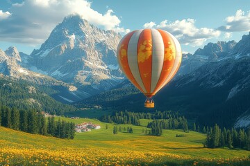 Naklejka premium Ultra-realistic 3D render of a hot air balloon flying over a green meadow with yellow flowers and mountains in the background.