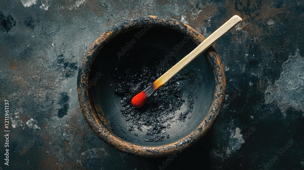 Poster burnt matchstick resting in ceramic bowl surrounded by charred remnants on dark rustic surface with 