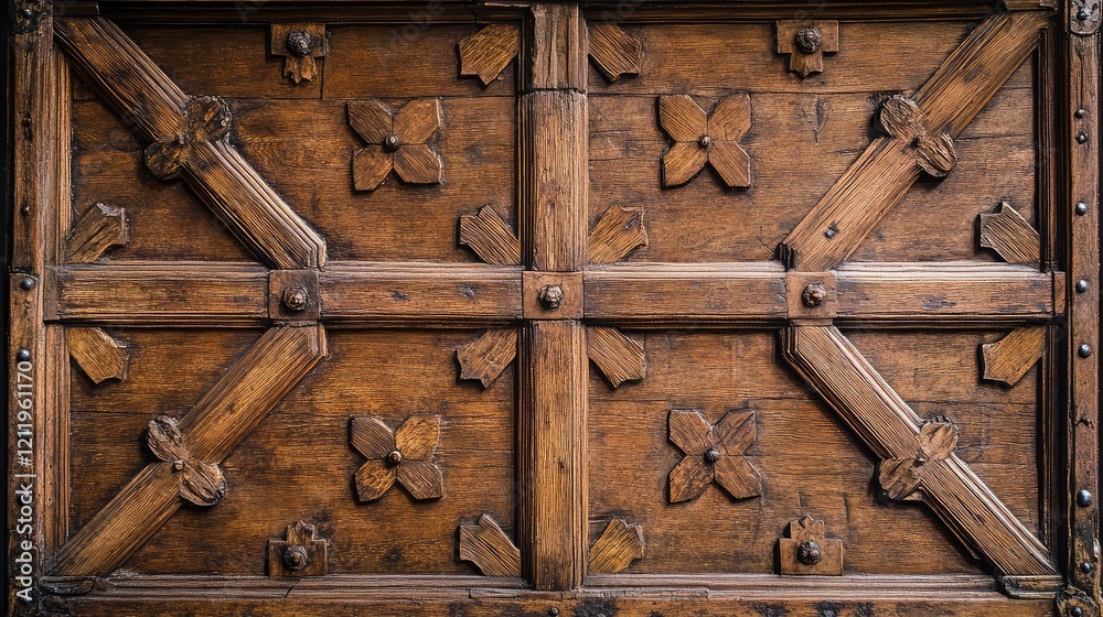 Poster elegant brown wooden panel with intricate cross pattern and floral carvings in a rustic setting, sho
