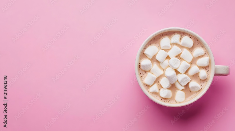 Aufkleber cozy top view of hot cocoa with marshmallows in cream cup on soft pink background ideal for winter c