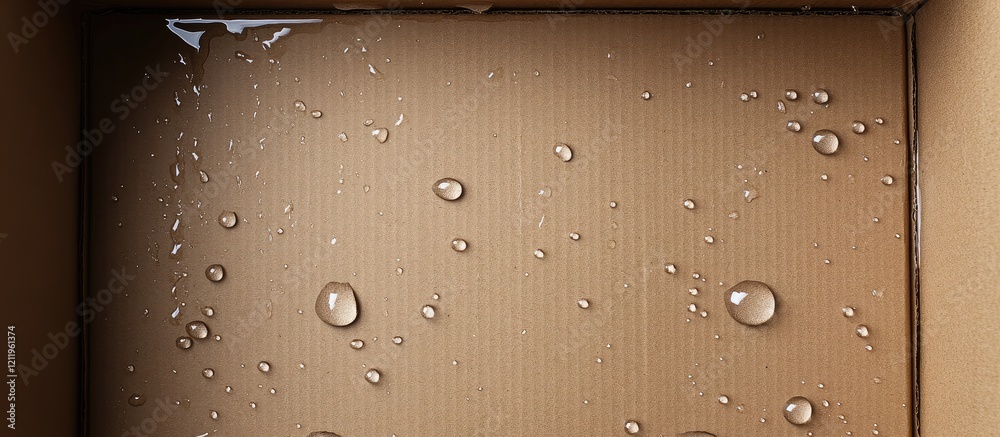 Poster open cardboard box with water droplets on a brown surface, top view, empty space for text, soft ligh