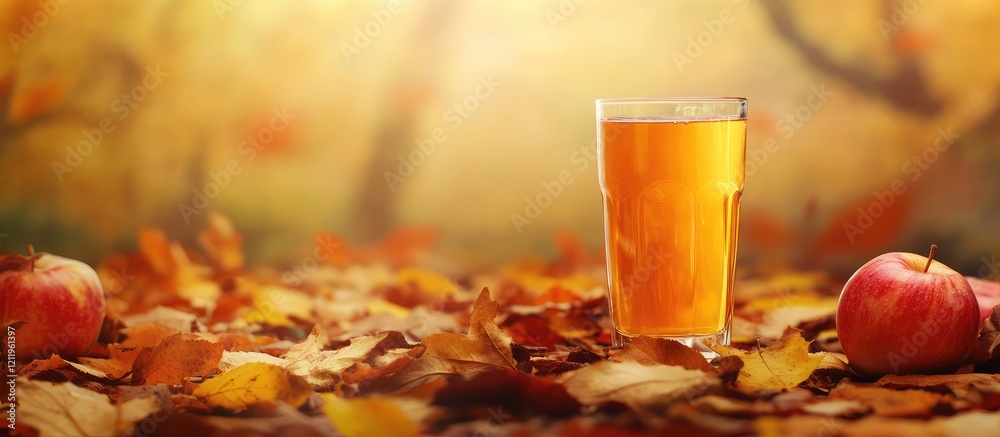 Poster Glass of apple juice or cider on a blurred autumn background with fallen red apples and yellow leaves in warm tones, horizontal format with empty space for text