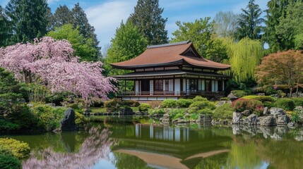 Obraz premium Sakura blossoms reflecting in tranquil garden pond with traditional Japanese architecture surrounded by lush greenery and colorful flora