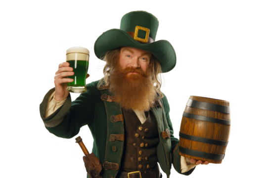 Transparent PNG image of Leprechaun holding a pint of green beer. Irish folklore character. .Mythical creature holding a beer..St. Patrick's Day character.