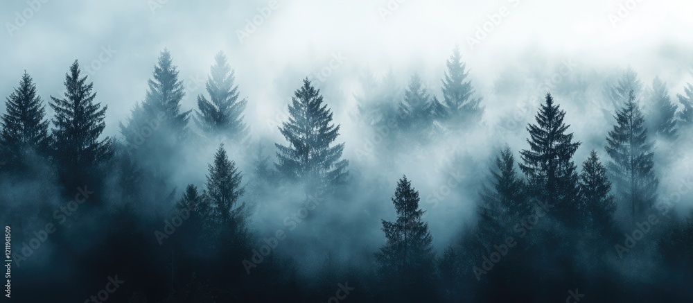 Poster Mysterious misty pine forest landscape with dense fog and ample space for text overlay ideal for nature-themed designs and backgrounds