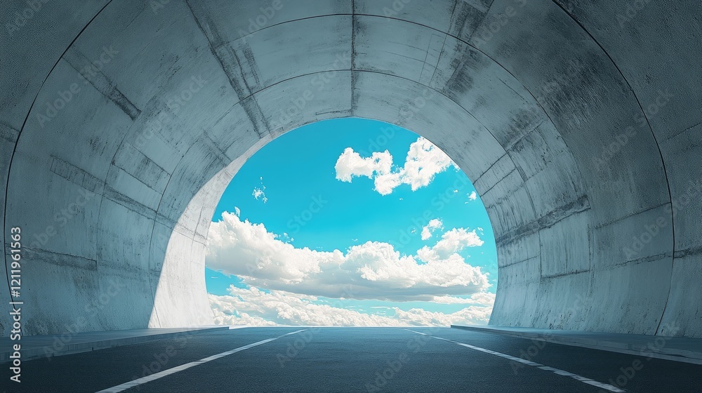 Poster tunnel view with clear blue sky and clouds showcasing a serene and expansive landscape from a concre