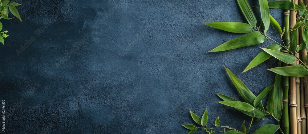 Poster top view of lush green bamboo and bramble leaves on dark textured sand background with empty space f