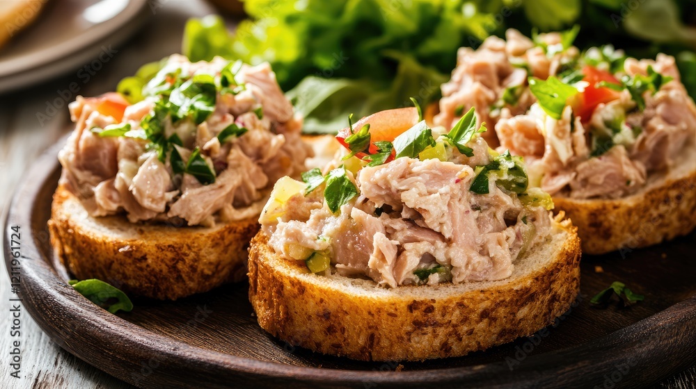 Aufkleber tuna salad melts served on toasted bread with fresh greens and colorful garnish on a rustic wooden t