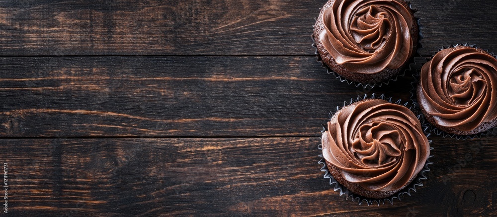 Poster Decadent chocolate cupcakes elegantly arranged on a rustic dark wooden table with ample space for personalized text and branding