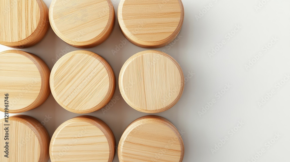 Fototapete Top view of a neatly arranged stack of natural wooden round blocks in a grid pattern on a light background showcasing warm wood tones.